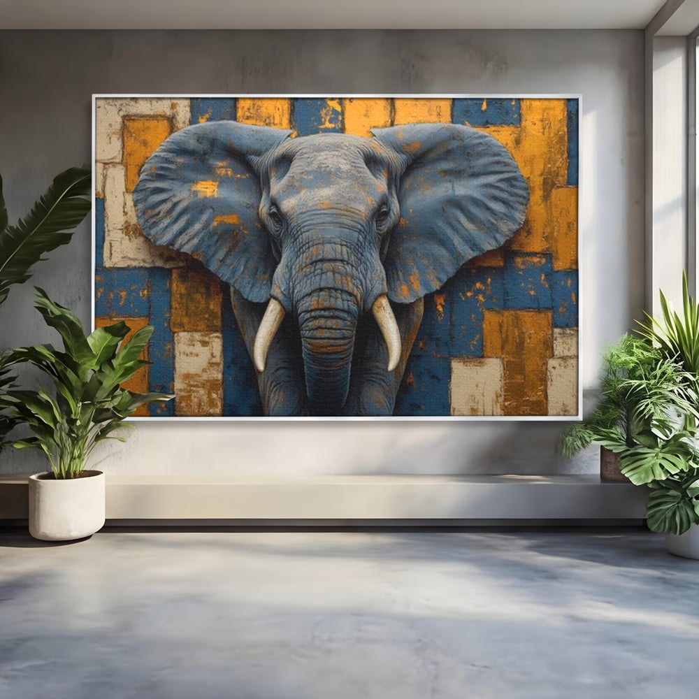 Tablou canvas cu tablou canvas cu cap de elefant, in rama de aluminiu argintiu